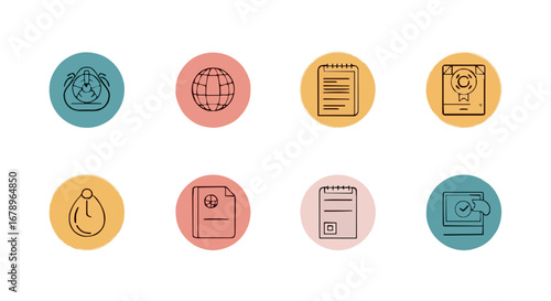 Diverse Icon Set Featuring Symbols like Globe, Document, and More A Collection of Circular Icons for Web, Application, and Interface Design, Demonstrating Digital Concepts