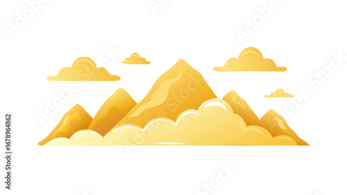 Illustration of golden mountain range landscape with clouds, nature background, scenic view design