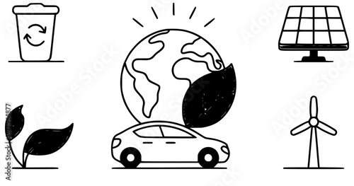 Eco-friendly illustrations Recycling, renewable energy, sustainable transportation, and environmental conservation for a greener future promoting global responsibility