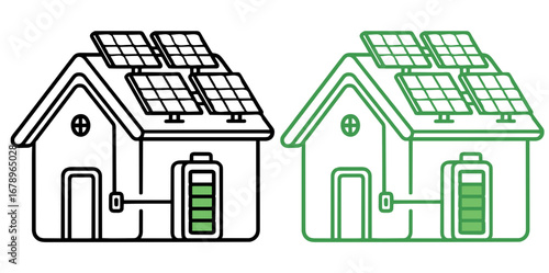 Illustrated depiction of a house with solar panels and battery storage, showcasing sustainable energy and green technology. An outline and colored version available
