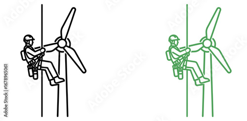 Skilled technician rappelling down a wind turbine for essential maintenance and inspection work