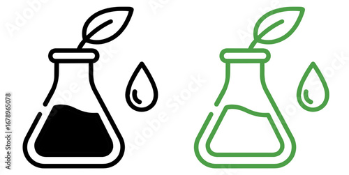 Line art icon of a lab beaker with a growing plant leaf and a droplet. Symbolizes green chemistry, biotechnology, organic research, and sustainable science