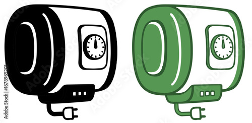 A set of two electric water heater boiler icons, featuring a solid black silhouette and a green outline style, isolated for home heating and plumbing concepts