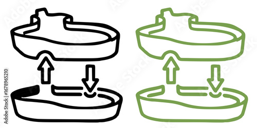 A conceptual icon set for manufacturing processes, showing a two-part mold for casting or injection molding, illustrating the opening and closing action