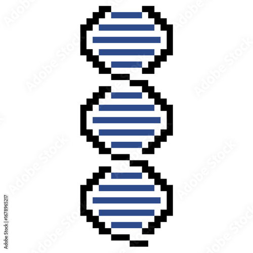 Pixel dna helix vector for genetics, science, and bioengineering. Useful for illustrating a retro, 8-bit aesthetic for technology, biology, or scientific researc