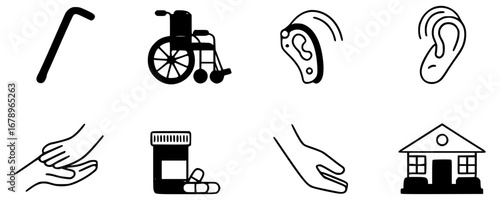 Assistive Devices & Accessibility Icons  Wheelchair, Hearing Aid, Cane, Medication, and More