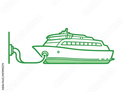 Illustration of a yacht connected to a hose, likely for water intake or waste disposal. The graphic, featuring a clean, line-art style, suggests a focus on maritime or nautical themes