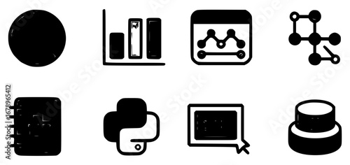 Set of distressed black glyphs for technology concepts like big data analysis, machine learning, and software development isolated on white