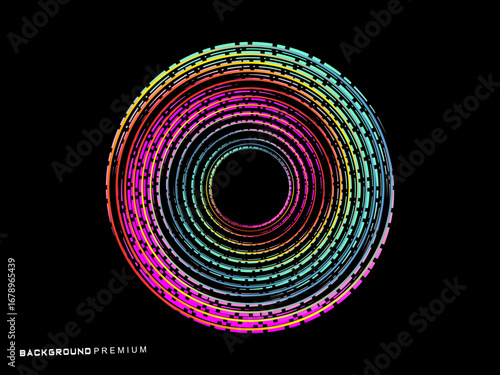 Vector background of rotating elliptical 3D shapes, consisting of a pattern of squares and wavy lines with colorful gradations.	