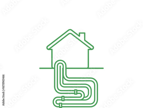 Illustration depicting a house with geothermal energy system, illustrating the concept of sustainable home heating and cooling, renewable resources