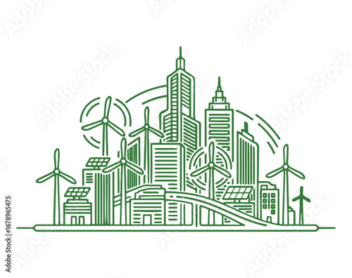 Conceptual thin line art illustration of an eco-friendly smart city using renewable technology like wind power and solar energy for a sustainable future