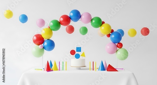 Colorful Birthday Party Decorations with Balloons, Cake, and Geometric Shapes.