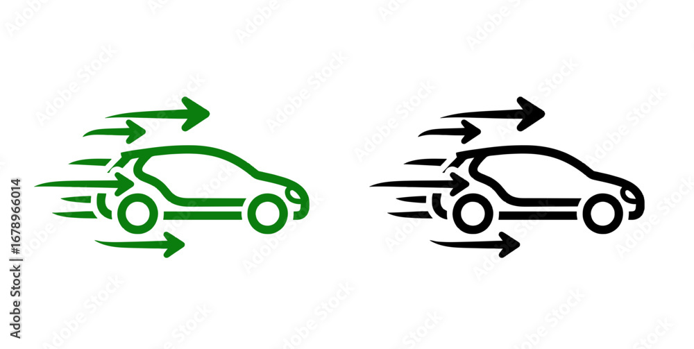 Naklejka premium Two stylized cars in motion with speed lines indicating forward movement in green and black silhouettes