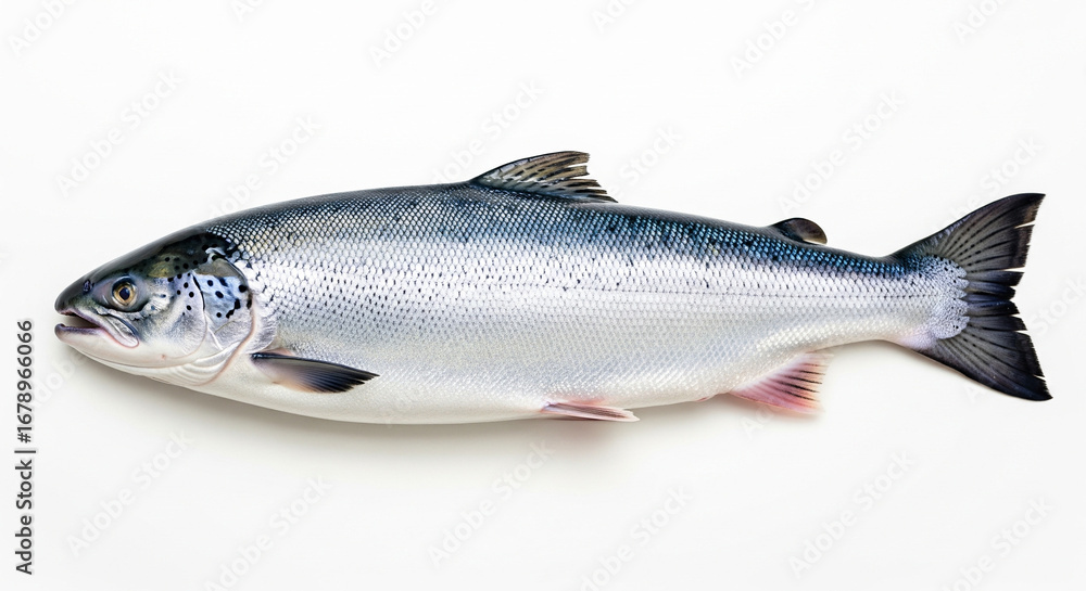 Naklejka premium A fresh, raw salmon is captured in a high-quality studio photograph, isolated on a clean white background. The image is bright and clear, highlighting the fish's sleek