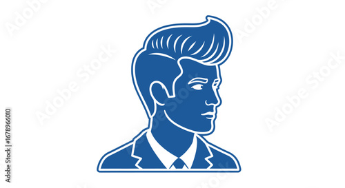 Blue illustration of a man with a pompadour hairstyle and suit.