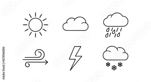 Simple outline icons represent sunny weather, clouds, rain, wind, lightning, and snow offering a clear forecast of atmospheric conditions