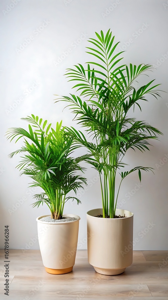 Fototapeta premium Two Parlor Palm Plants in Beige Pots on Wooden Floor Against White Wall