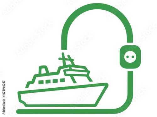 This green symbol shows a ship being powered by an electrical connection representing sustainable maritime energy solutions for transportation