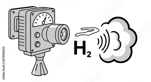 Scientific instrument analyzing hydrogen gas emissions with a pressure gauge and emitting a cloud