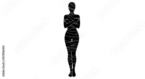 Artistic silhouette of a person completely wrapped in intricate white bandages.