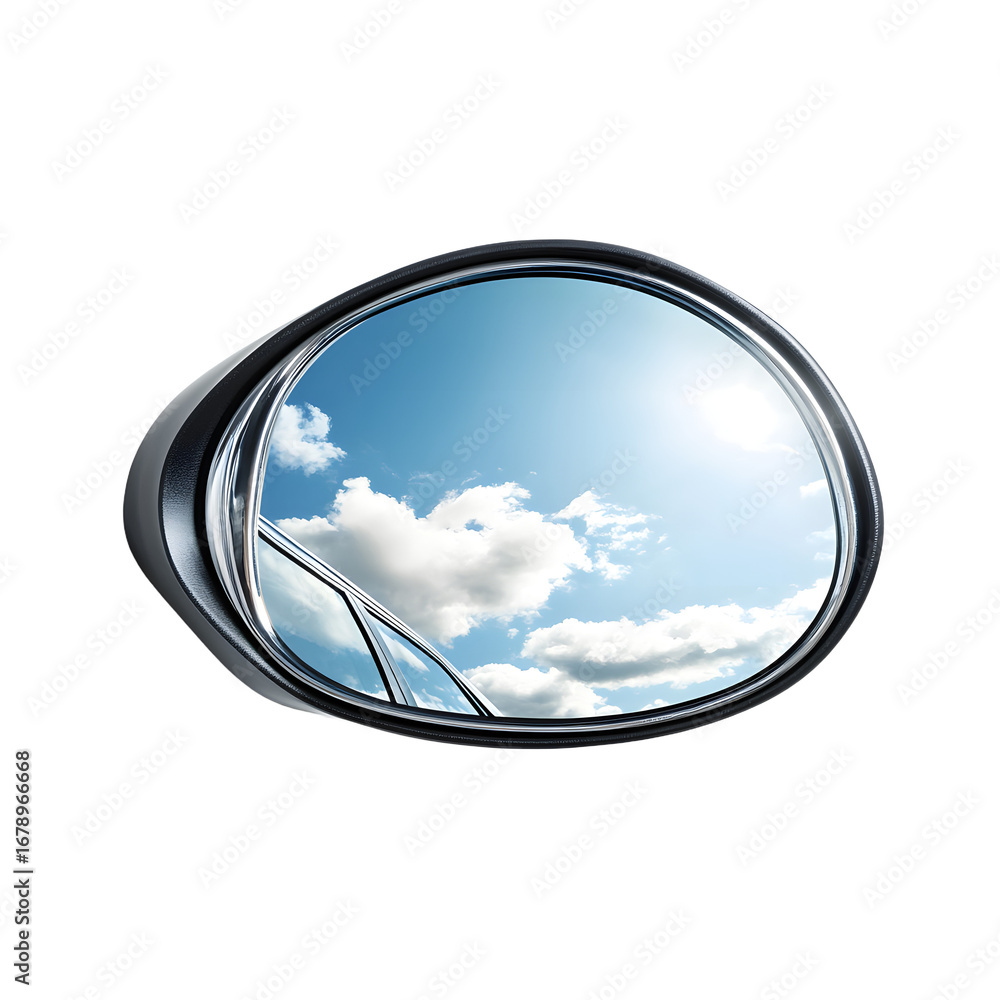 Fototapeta premium Gleaming Silver Car Side Mirror Reflects Beautiful Clouds - Isolated Image