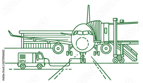 A vector illustration of an airplane at an airport gate, with a service vehicle connected, showcasing air travel and ground support operations within an aviation environment