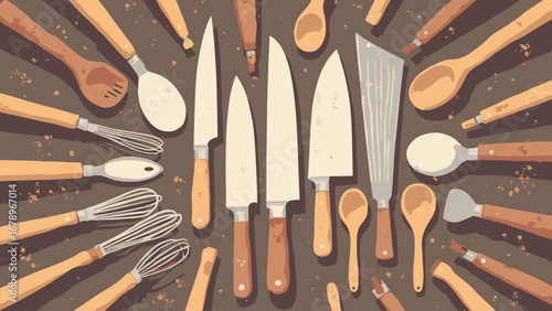 Chef knives, wooden spoons, whisks arranged in radial kitchen-tool pattern, palette: butcher brown, oak, copper, cream