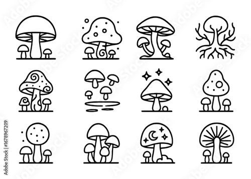 Mushroom World Icons. Outline icon set of mushroom worlds: giant cap, glowing spores, spiral stem, luminous