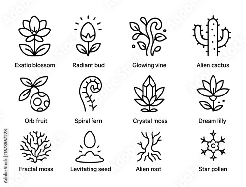 Alien Garden Icons. Outline icon set of alien gardens: exotic blossom, radiant bud, glowing vine, alien cactus
