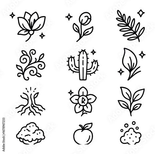 Magical Flora Icons. Outline icon set of magical flora: enchanted blossom, fairy bud, glowing fern, spell vine
