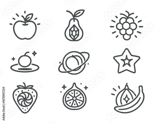 Futuristic Fruit Icons. Outline icon set of parallel orchard: glowing apple, crystalline pear, radiant grape,
