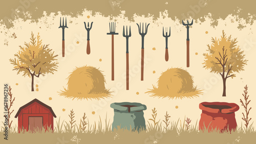 Pitchforks, hay bales, seed sacks rustic farm-tool repeat on burlap, palette: straw gold, barn red, soil brown, sage