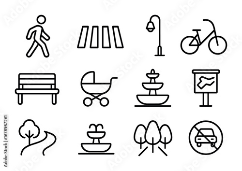 Walkable City Icons. Outline icon set of walkable cities: pedestrian icon, crosswalk, streetlight, park bench,