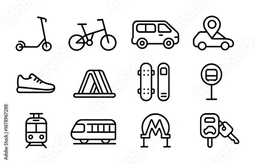 Compact Transport Icons. Outline icon set of compact transport: electric scooter, folding bike, minibus, car