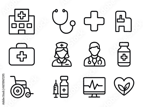 Healthcare Icons Grid. Outline icon set of healthcare microcenters: clinic building, stethoscope, pharmacy