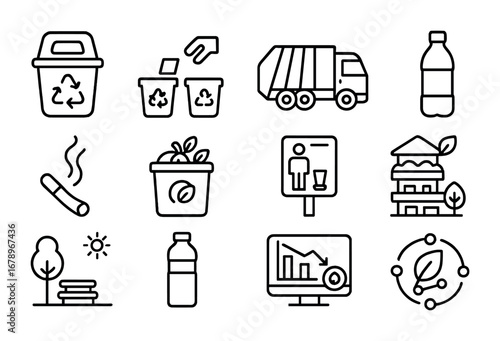 Urban Waste Icon Set. Outline icon set of urban waste design: street recycling bin, trash separation, waste
