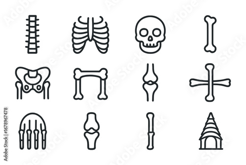 Skeletal Icon Set. Outline icon set of skeletal structures: spine tower, ribcage hall, skull dome, femur