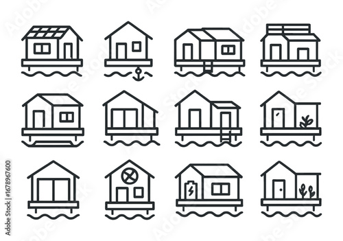Floating Home Icons. Outline icon set of floating mobile homes: solar roof, water anchor, modular cabin,