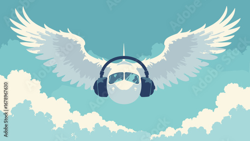 Pilot wings, flight logs, headphones repeating on sky-blue linen, palette: cloud white, pilot navy, silver, sky teal