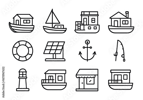 Houseboat Icon Set. Outline icon set of houseboats: wooden hull, sail mast, rooftop terrace, ladder, chimney,