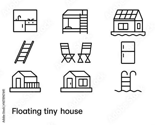 Floating Tiny Houses Icons. Outline icon set of floating tiny houses: compact kitchen, loft bed, rooftop solar