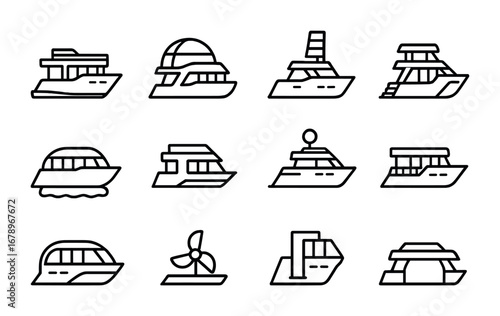 Futuristic Yacht Icons. Outline icon set of futuristic yacht homes: rooftop pool, glass dome, solar mast,