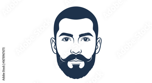 Detailed illustration of a mans face with a full beard and mustache.