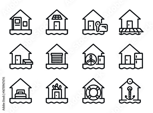 Floating Home Icons. Outline icon set of floating rental homes: booking kiosk, solar roof, key card lock,