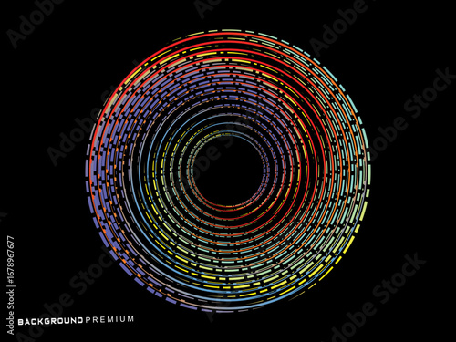 Vector background of rotating elliptical 3D shapes, consisting of a pattern of squares and wavy lines with colorful gradations.	