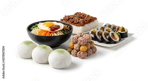 Korean Food Variety - Bibimbap, Bulgogi, Dumplings, Sushi.