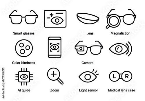 Vision Tech Icons. Outline icon set of vision assist wearables: smart glasses, AR overlay, vision correction