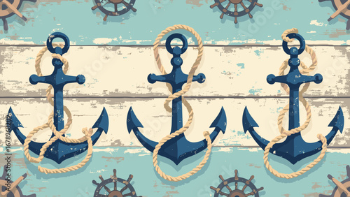 Anchors, ship wheels, nautical ropes maritime pattern on weathered wood, palette: rope tan, navy, seafoam, driftwood