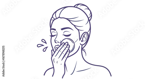Hand drawn illustration of a woman cleansing her face with a cotton pad.