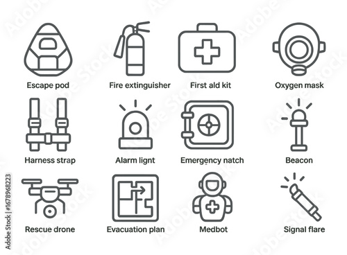 Space Safety Icons. Outline icon set of space emergency safety: escape pod, fire extinguisher, first aid kit,
